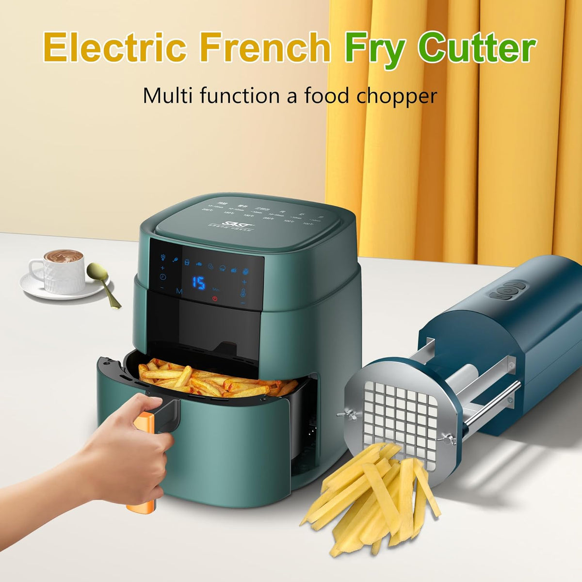 Electric French Fry Cutter, 1/2 & 3/8 Inch Interchangeable Stainless Steel Blades Automatic Potato Cutter, Commercial & Household Potato Slicer, Use for Potatoes Onion Cucumbers
