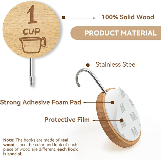 12 Pack Adhesive Wooden Hooks for Organizing Measuring Cups and Spoons