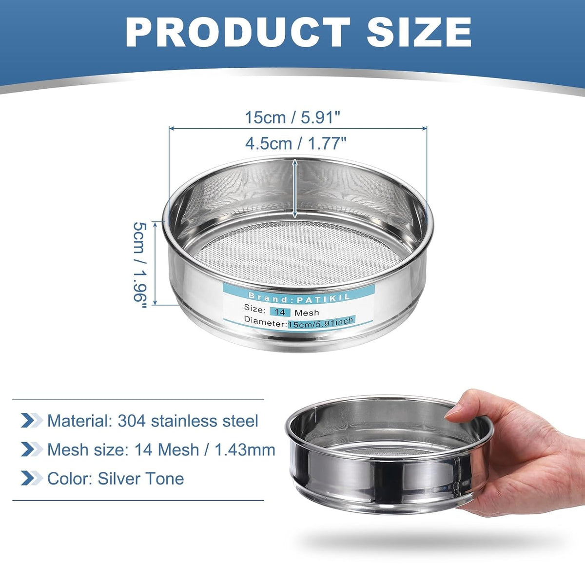 20 Mesh(0.9mm) Lab Sieve, 5.9"(15cm) Diameter Sifting Screen 304 Stainless Steel Wire Cloth Fine Mesh Sieve for Industrial Laboratory Home Soil Sifter Dry Sift Screens Hash - Colors A