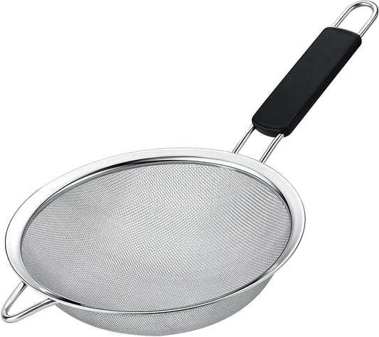 Fine Mesh Strainer with thermo plastic rubber handle - Sieve Fine Mesh Stainless Steel - Ideal to Sift Flour, Icing Sugar, Fruits and Vegetables (6.3 Inches)
