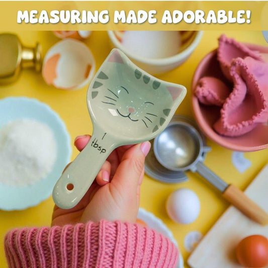 Cat Measuring Spoons Set of 4, Ceramic Baking Kitchen Gifts for Women | Decorative Themed Gifts for Cat Lovers, Cute Kitchen Accessories for Cat Mom Gifts, Functional Baking Utensils and Cat Merch