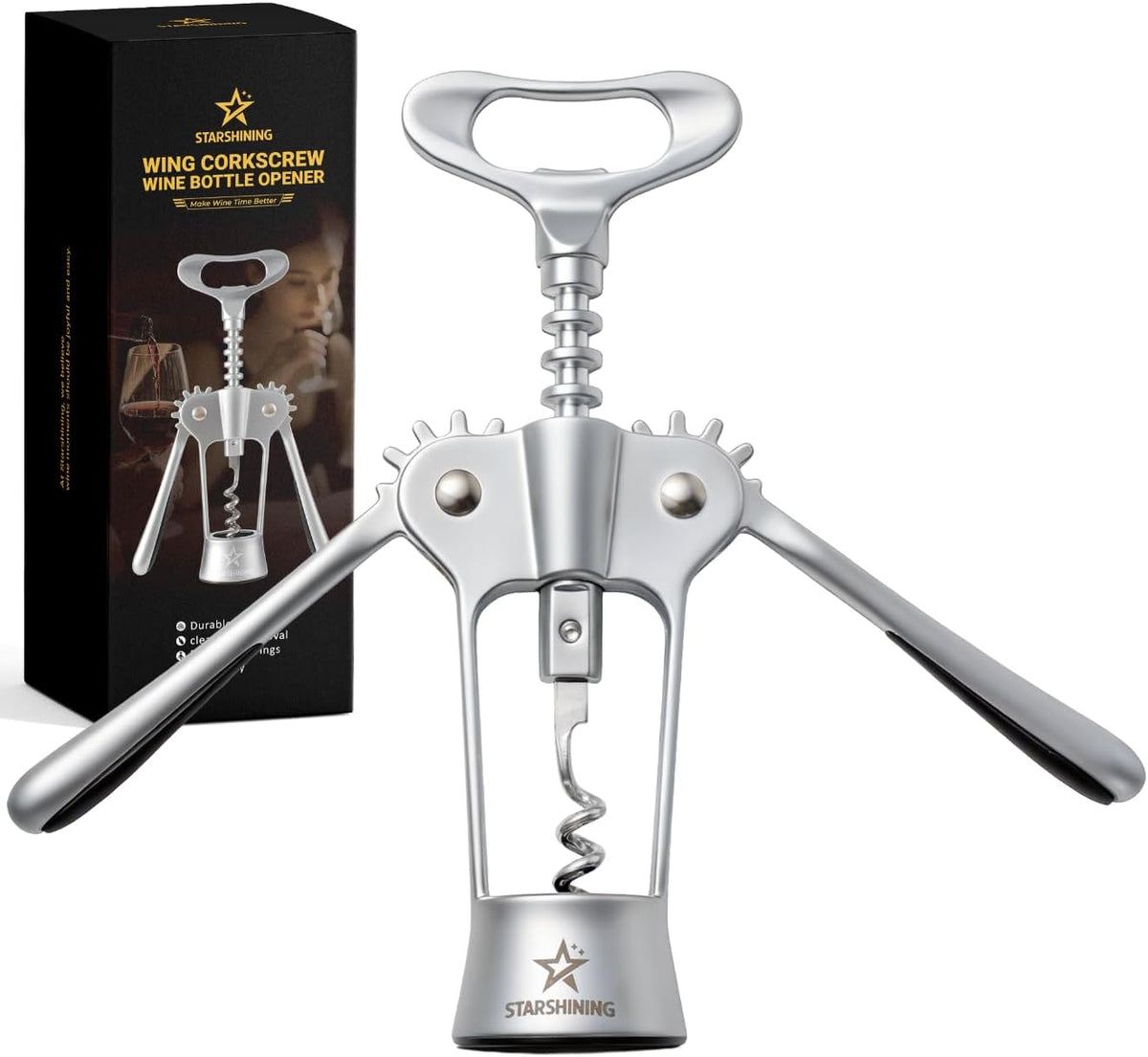Wing Corkscrew Wine Opener with Sharp Spiral Screw Matte Silver