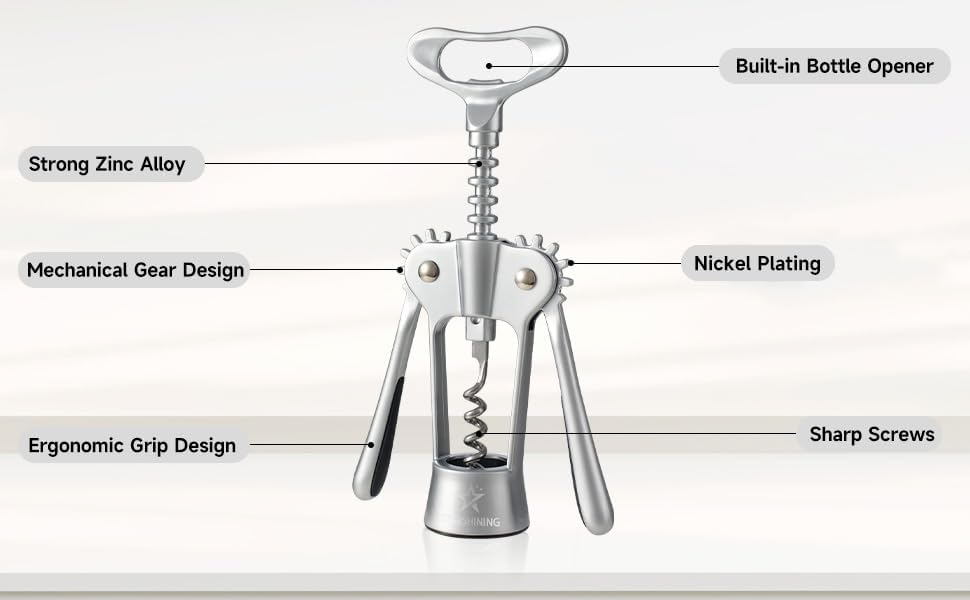 Wing Corkscrew Wine Opener with Sharp Spiral Screw Matte Silver