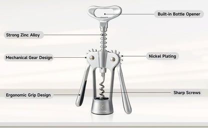 Wing Corkscrew Wine Opener with Sharp Spiral Screw Matte Silver