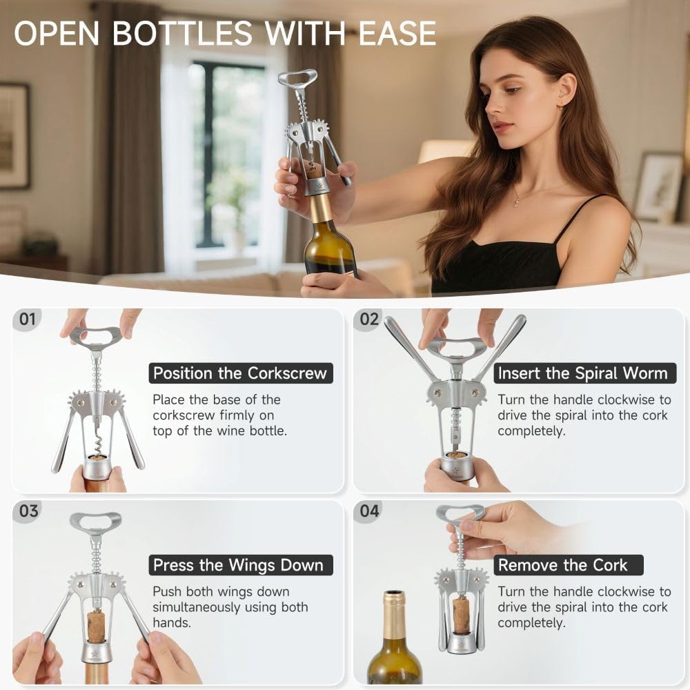 Wing Corkscrew Wine Opener with Sharp Spiral Screw Matte Silver