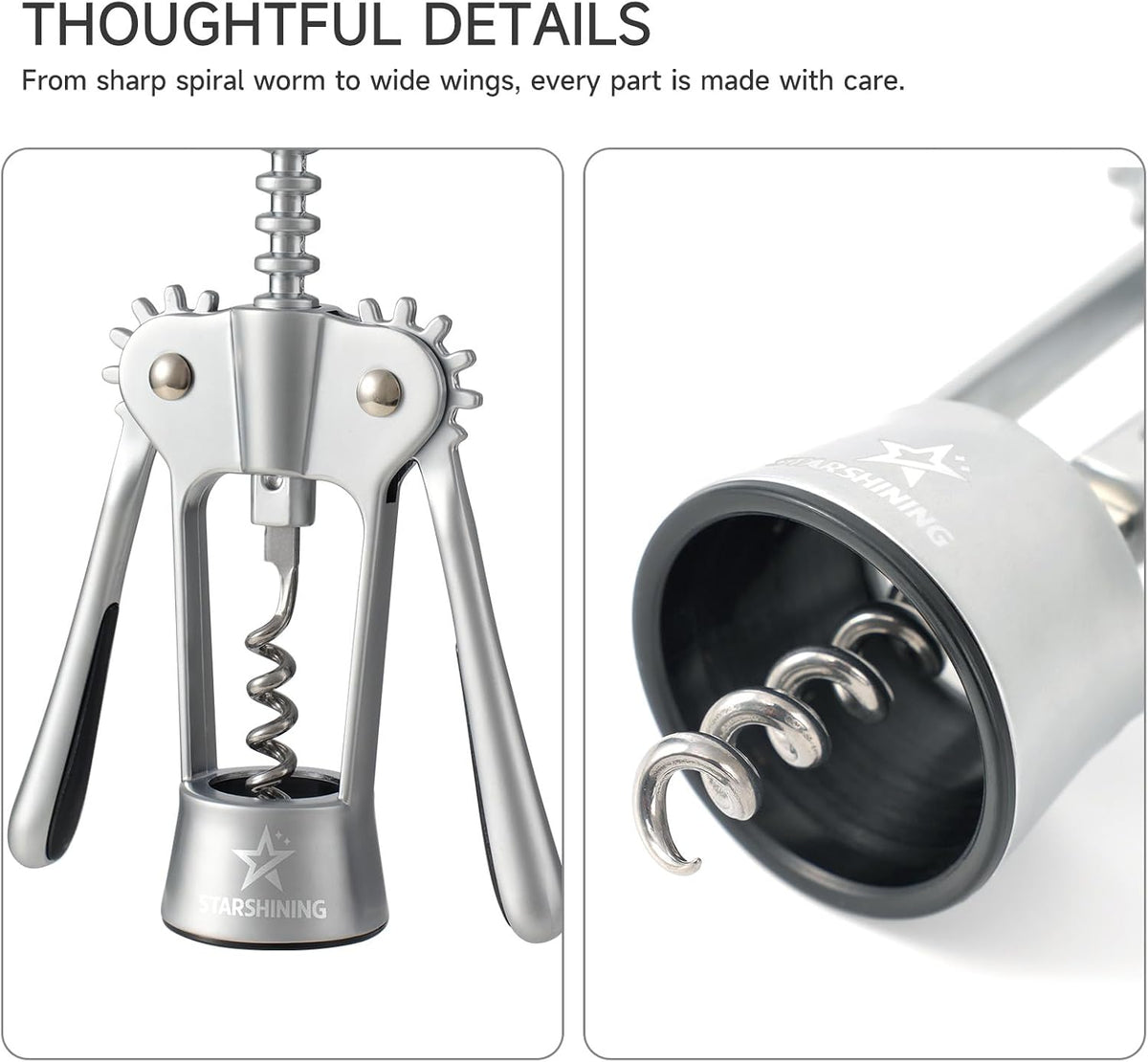 Wing Corkscrew Wine Opener with Sharp Spiral Screw Matte Silver