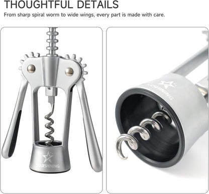Wing Corkscrew Wine Opener with Sharp Spiral Screw Matte Silver