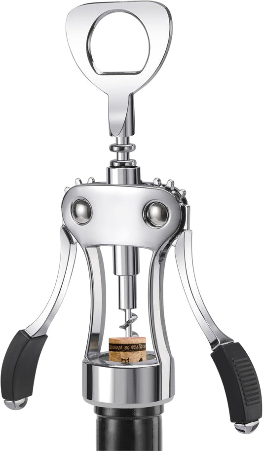 Wine Opener, Heavy-Duty Zinc Alloy Wing Corkscrew, Premium Beer Bottle Opener, Multifunctional Wine Accessories with Ergonomic Handle and Sharp Screw, for Kitchen, Bar, Restaurant (SILVER)