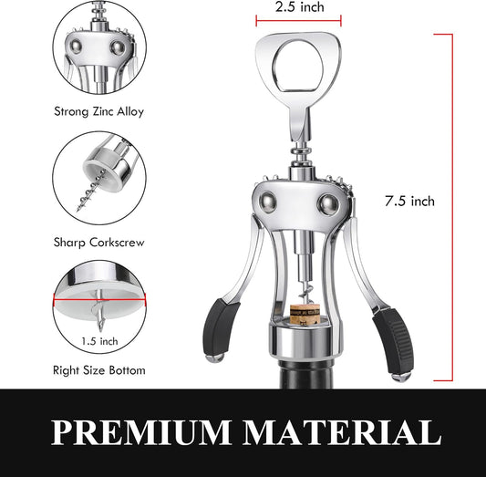 Wine Opener, Heavy-Duty Zinc Alloy Wing Corkscrew, Premium Beer Bottle Opener, Multifunctional Wine Accessories with Ergonomic Handle and Sharp Screw, for Kitchen, Bar, Restaurant (SILVER)