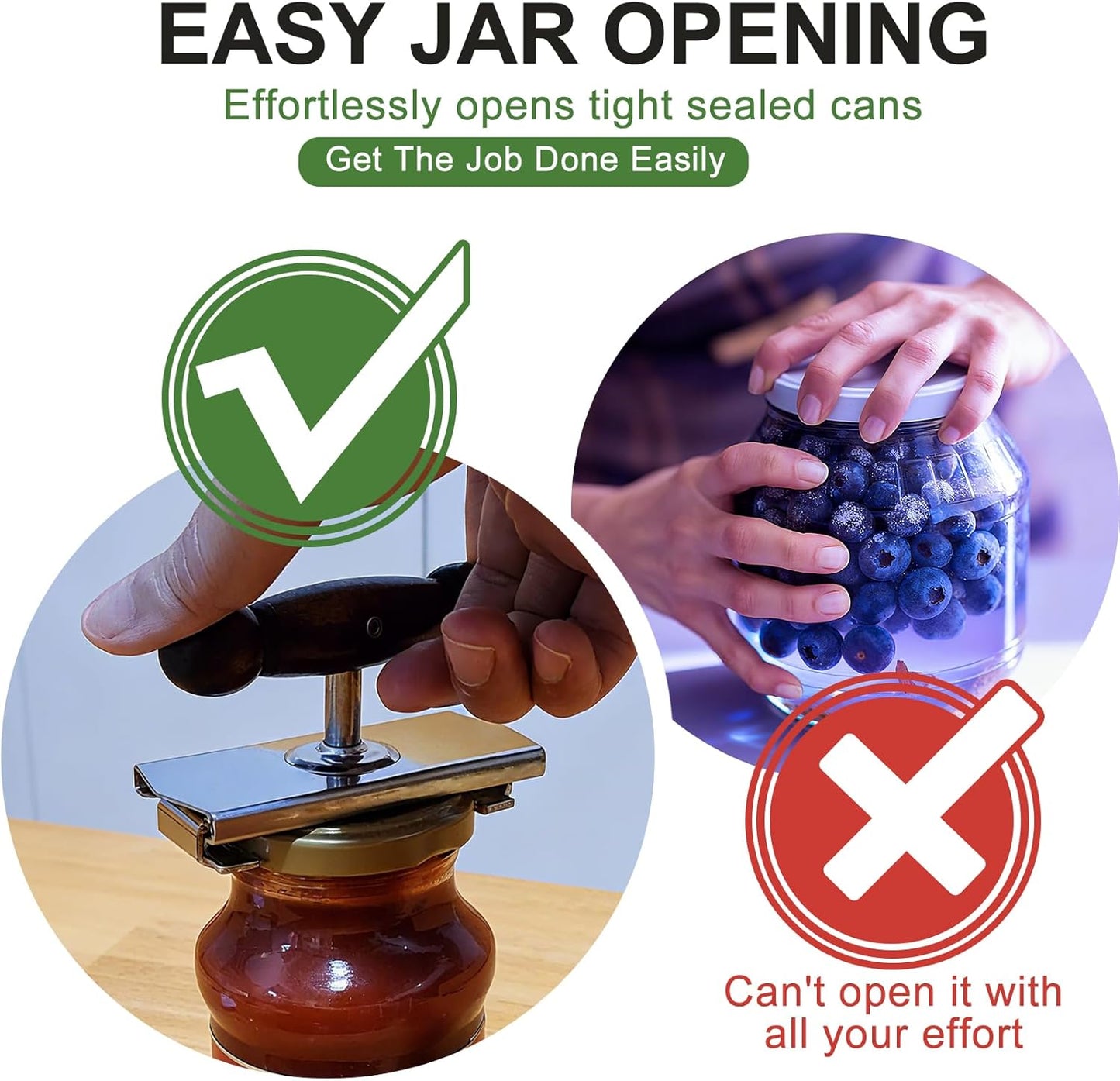 Jar Opener for Seniors with Arthritis, Adjustable Stainless Steel Lid Opener for Weak Hands, Manual Cap Crack Grip Tool with Ergonomic Oak Handle, Fits 1.5 to 4 Inch Jars & Bottles