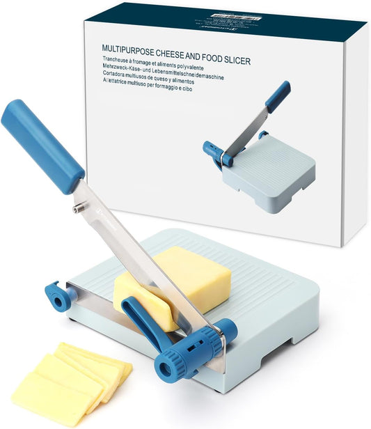 Multipurpose Cheese Slicer Cutter with Board for Arthritic and Weak Hands, Adjustable Thickness Dial for Block Cheese, Effortless Slicing, Guillotine Sausage Ham Biltong Jerky Slicer
