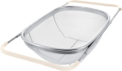 Over The Sink Colander, 6 Quarts Stainless Steel Oval Colander with Expandable Rubber Grip Handle, Fine Mesh Strainer Baskets Kitchen Colanders for Strain, Drain, Rinse Vegetable, Fruits, Beige