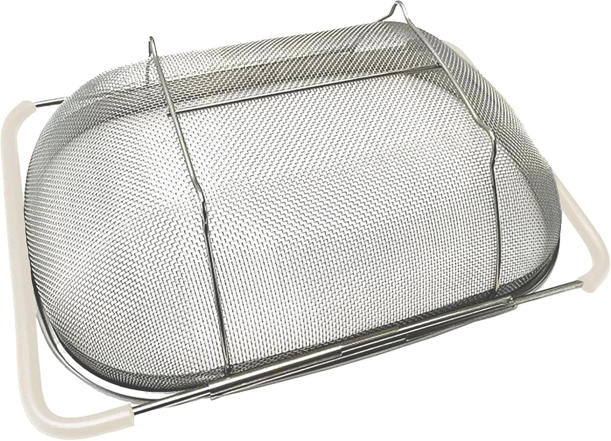 Over The Sink Colander, 6 Quarts Stainless Steel Oval Colander with Expandable Rubber Grip Handle, Fine Mesh Strainer Baskets Kitchen Colanders for Strain, Drain, Rinse Vegetable, Fruits, Beige