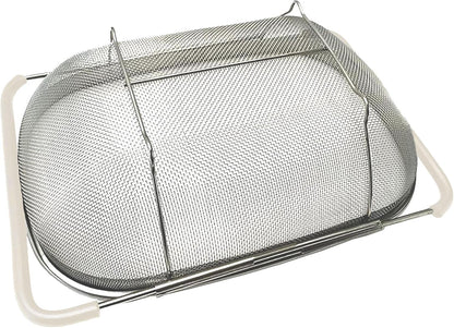 Over The Sink Colander, 6 Quarts Stainless Steel Oval Colander with Expandable Rubber Grip Handle, Fine Mesh Strainer Baskets Kitchen Colanders for Strain, Drain, Rinse Vegetable, Fruits, Beige