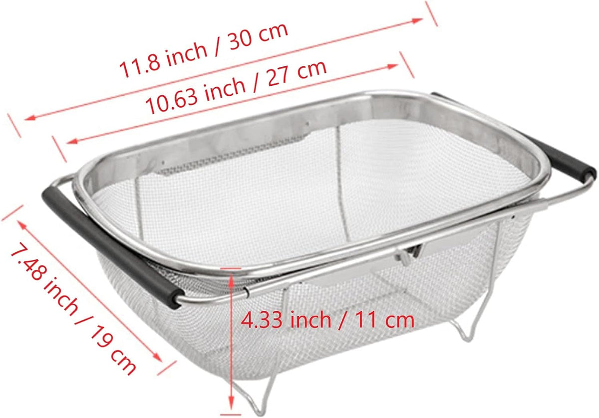 Over The Sink Colander, 6 Quarts Stainless Steel Oval Colander with Expandable Rubber Grip Handle, Fine Mesh Strainer Baskets Kitchen Colanders for Strain, Drain, Rinse Vegetable, Fruits, Beige
