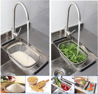 Over The Sink Colander, 6 Quarts Stainless Steel Oval Colander with Expandable Rubber Grip Handle, Fine Mesh Strainer Baskets Kitchen Colanders for Strain, Drain, Rinse Vegetable, Fruits, Beige