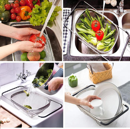 Over The Sink Colander, 6 Quarts Stainless Steel Oval Colander with Expandable Rubber Grip Handle, Fine Mesh Strainer Baskets Kitchen Colanders for Strain, Drain, Rinse Vegetable, Fruits, Beige