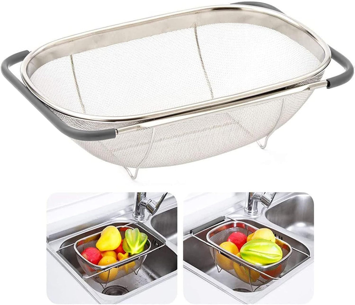 Over The Sink Colander, 6 Quarts Stainless Steel Oval Colander with Expandable Rubber Grip Handle, Fine Mesh Strainer Baskets Kitchen Colanders for Strain, Drain, Rinse Vegetable, Fruits, Beige