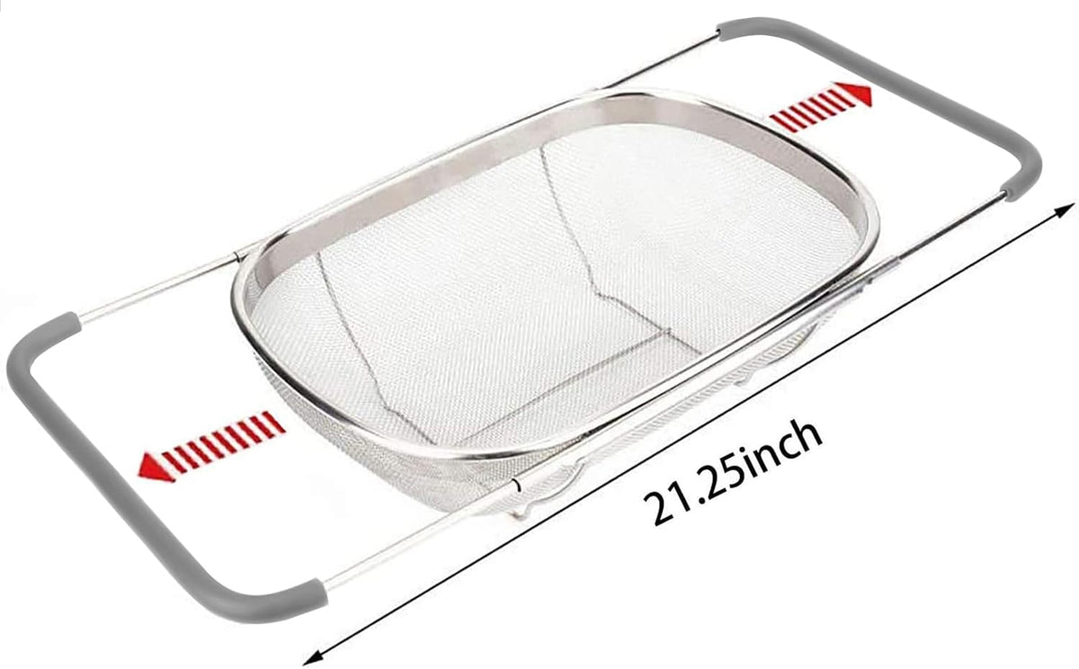 Over The Sink Colander, 6 Quarts Stainless Steel Oval Colander with Expandable Rubber Grip Handle, Fine Mesh Strainer Baskets Kitchen Colanders for Strain, Drain, Rinse Vegetable, Fruits, Beige