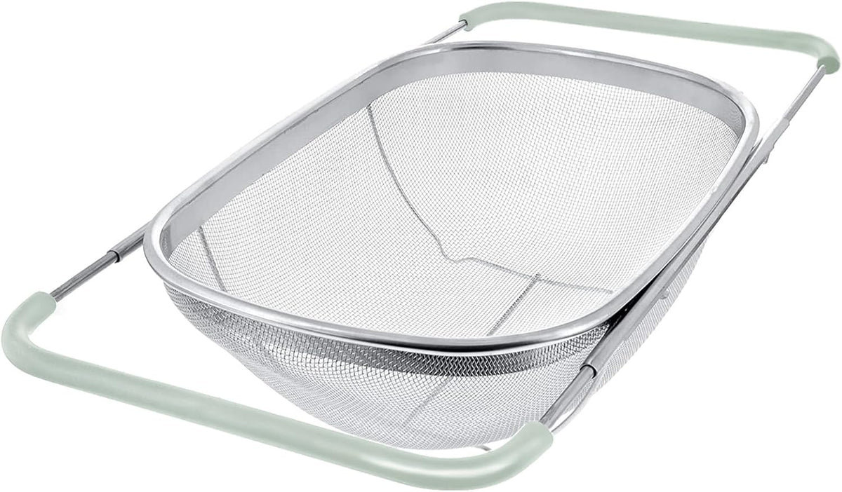 Over The Sink Colander, 6 Quarts Stainless Steel Oval Colander with Expandable Rubber Grip Handle, Fine Mesh Strainer Baskets Kitchen Colanders for Strain, Drain, Rinse Vegetable, Fruits, Beige