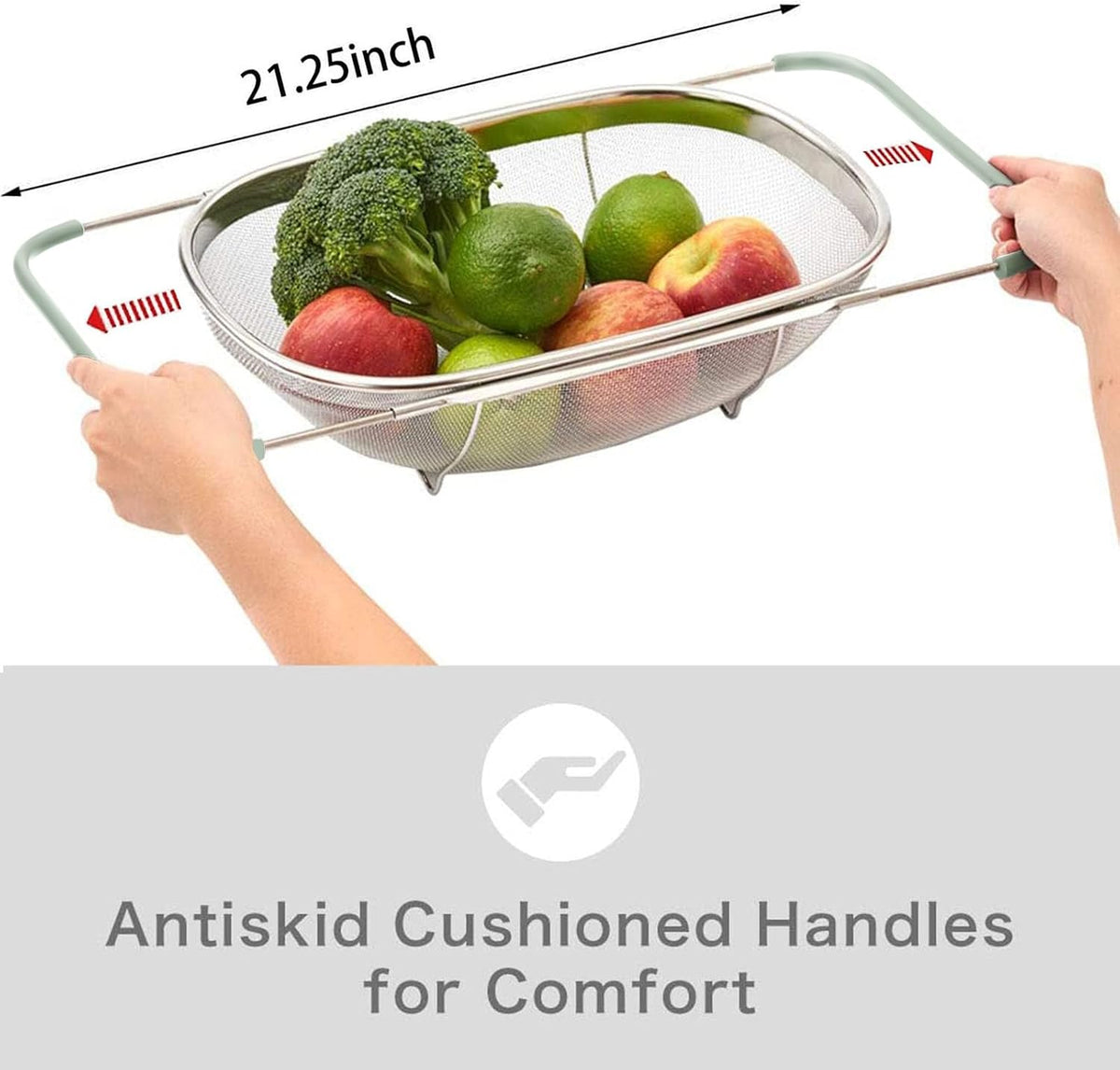 Over The Sink Colander, 6 Quarts Stainless Steel Oval Colander with Expandable Rubber Grip Handle, Fine Mesh Strainer Baskets Kitchen Colanders for Strain, Drain, Rinse Vegetable, Fruits, Beige