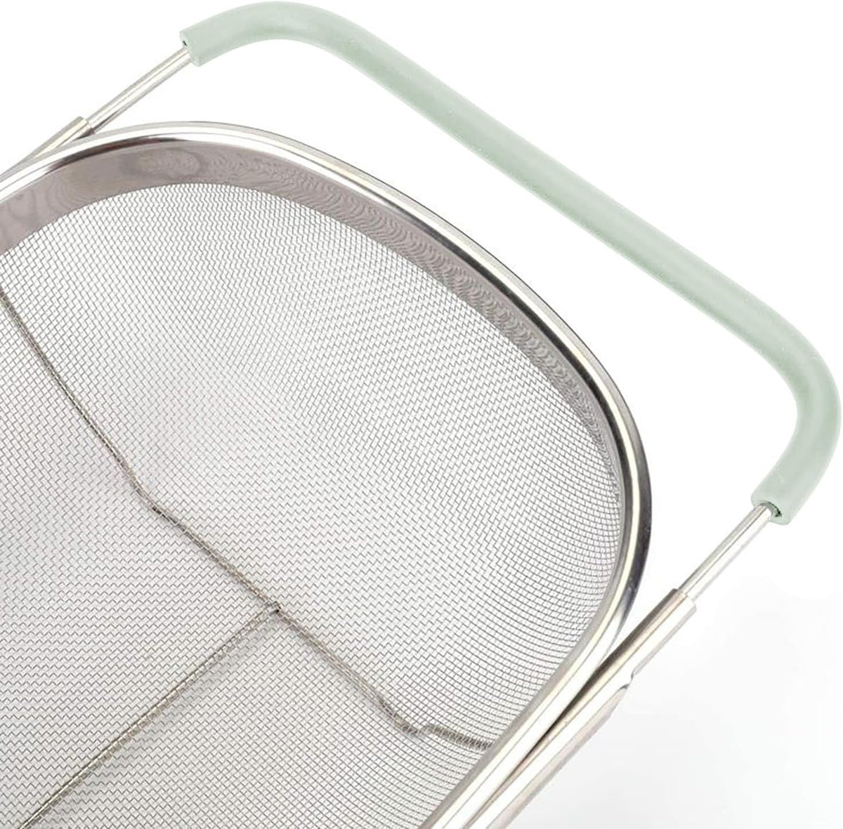 Over The Sink Colander, 6 Quarts Stainless Steel Oval Colander with Expandable Rubber Grip Handle, Fine Mesh Strainer Baskets Kitchen Colanders for Strain, Drain, Rinse Vegetable, Fruits, Beige