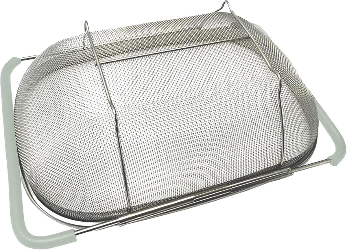 Over The Sink Colander, 6 Quarts Stainless Steel Oval Colander with Expandable Rubber Grip Handle, Fine Mesh Strainer Baskets Kitchen Colanders for Strain, Drain, Rinse Vegetable, Fruits, Beige