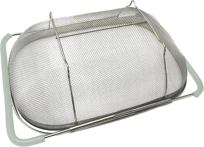 Over The Sink Colander, 6 Quarts Stainless Steel Oval Colander with Expandable Rubber Grip Handle, Fine Mesh Strainer Baskets Kitchen Colanders for Strain, Drain, Rinse Vegetable, Fruits, Beige