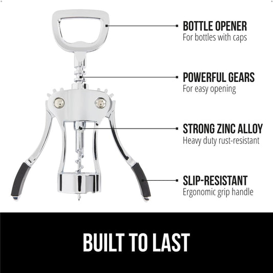 Premium Wine Opener, Sharp Zinc Alloy Wing Corkscrew, Manual Multifunctional Bottle Openers, Easy to Use Cork Screw, Ergonomic Handles Remove Corks and Caps, Dishwasher Safe, Black