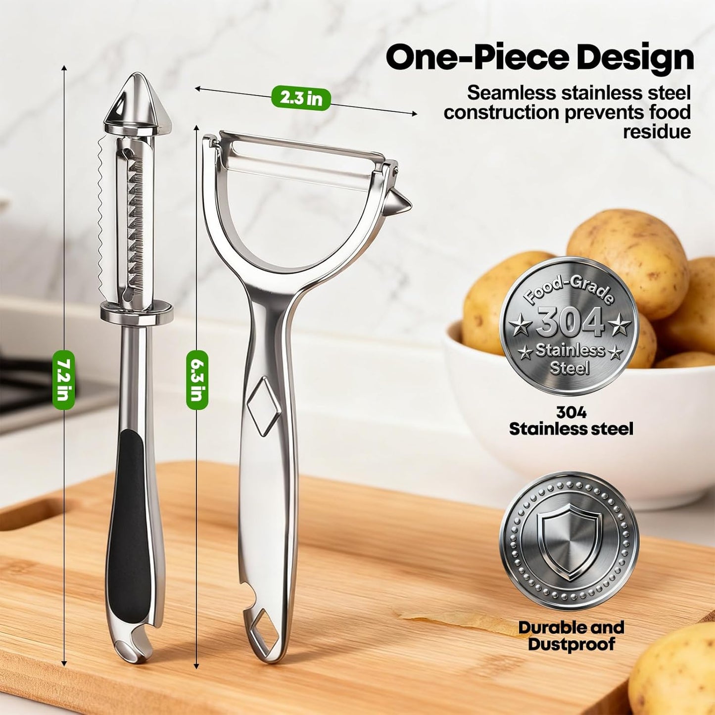 Kitchen Peeler Set | Stainless Steel Y & I Blades, Non-Slip Ergonomic Handle, Potato Eye Remover, Dishwasher Safe, 2 Pack