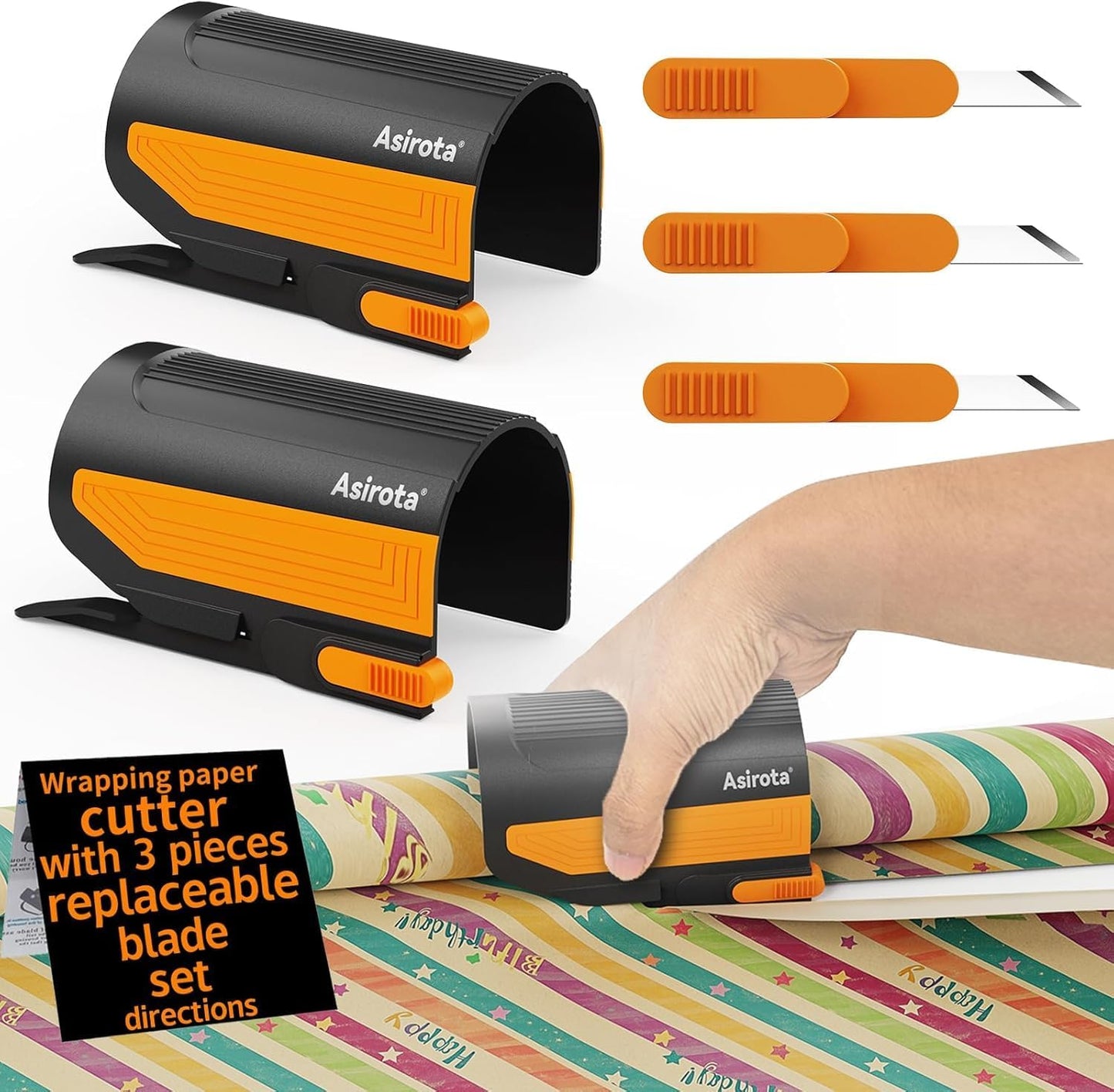 2 PC Wrapping Paper Cutter with 3 Replaced Blade, Adapt for Any Diameter Wrapping Paper Roll, Antislip Silicone Hold Touch Surface, Cut Efficient Straight Easily & Safely on Christmas