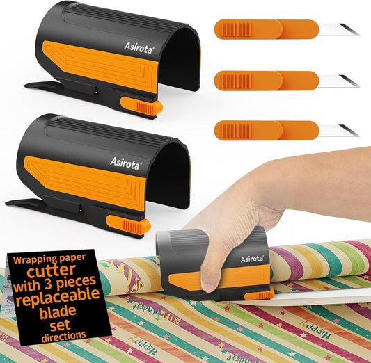 2 PC Wrapping Paper Cutter with 3 Replaced Blade, Adapt for Any Diameter Wrapping Paper Roll, Antislip Silicone Hold Touch Surface, Cut Efficient Straight Easily & Safely on Christmas