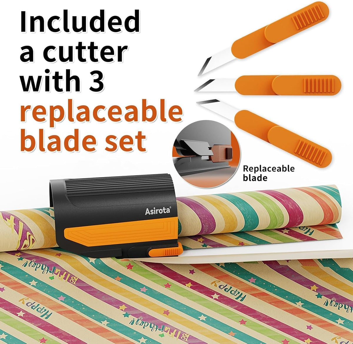 2 PC Wrapping Paper Cutter with 3 Replaced Blade, Adapt for Any Diameter Wrapping Paper Roll, Antislip Silicone Hold Touch Surface, Cut Efficient Straight Easily & Safely on Christmas