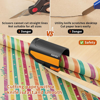 2 PC Wrapping Paper Cutter with 3 Replaced Blade, Adapt for Any Diameter Wrapping Paper Roll, Antislip Silicone Hold Touch Surface, Cut Efficient Straight Easily & Safely on Christmas