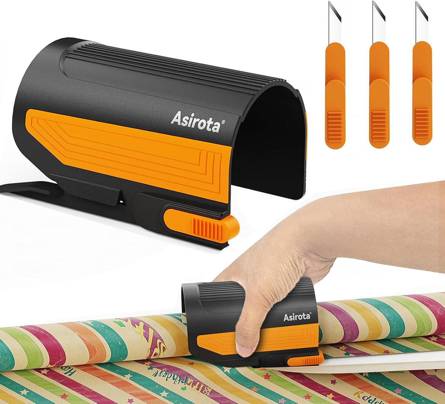 2 PC Wrapping Paper Cutter with 3 Replaced Blade, Adapt for Any Diameter Wrapping Paper Roll, Antislip Silicone Hold Touch Surface, Cut Efficient Straight Easily & Safely on Christmas