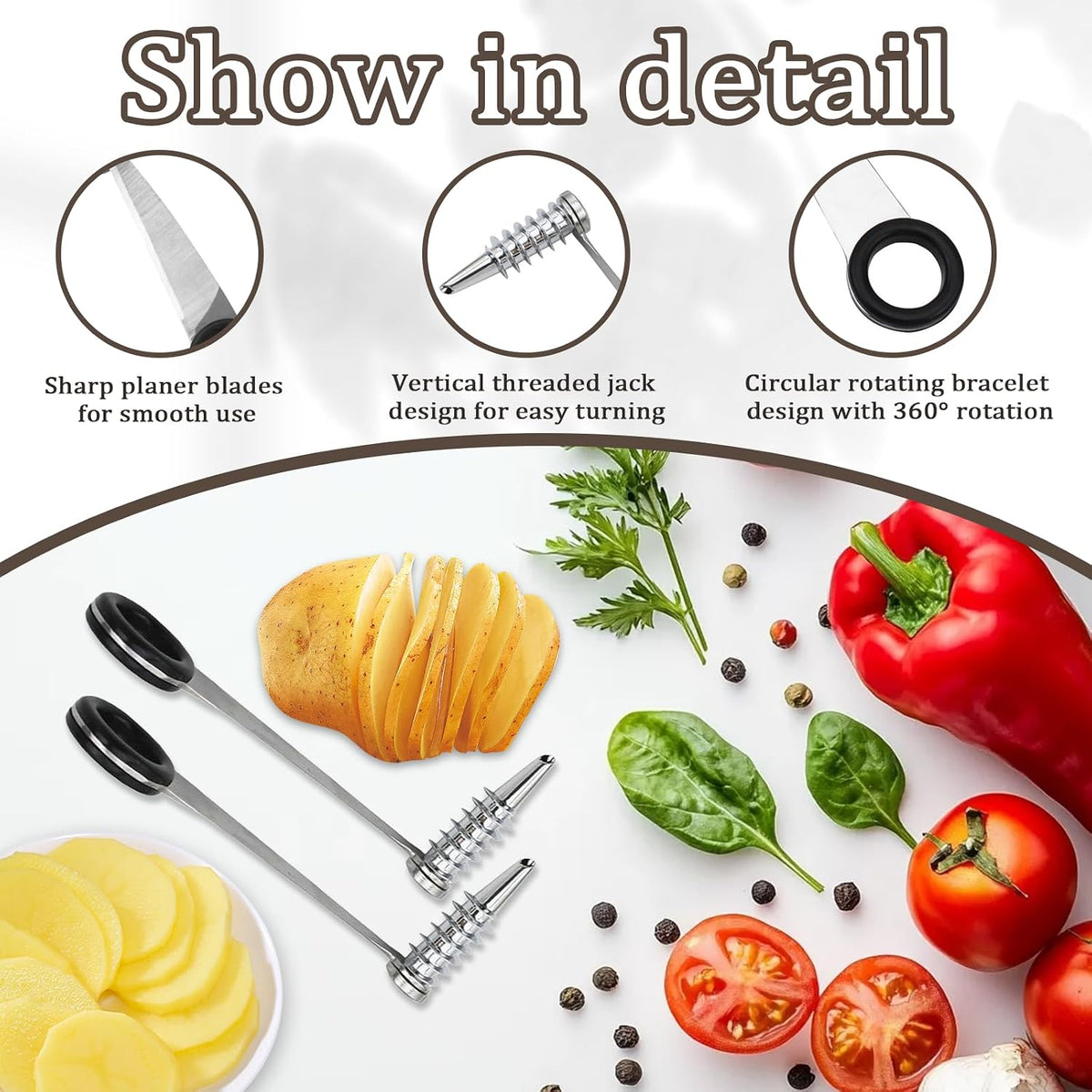 2 Pack Piranha Spiral Cutter for Potatoes, Stainless Steel Spiral Cutter for Veggies Cucumber and Carrot