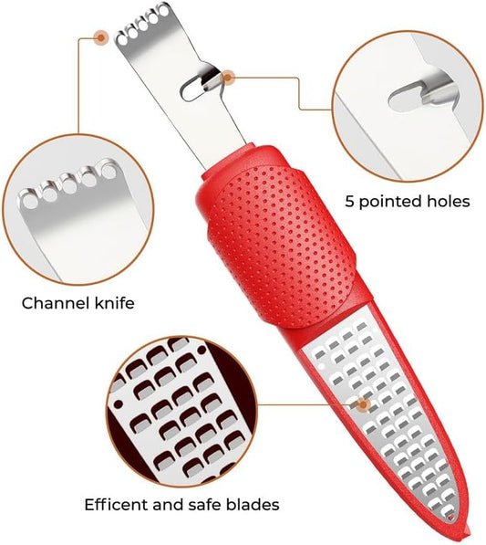 3 in 1 Citrus Zester Tool, Lemon Citrus, Orange Zester and Grater | 304 Stainless Steel, Citrus Zester, Cheese Grater, Chanel Knife, Non-Slip, Easy to Clean, Dishwasher Safe