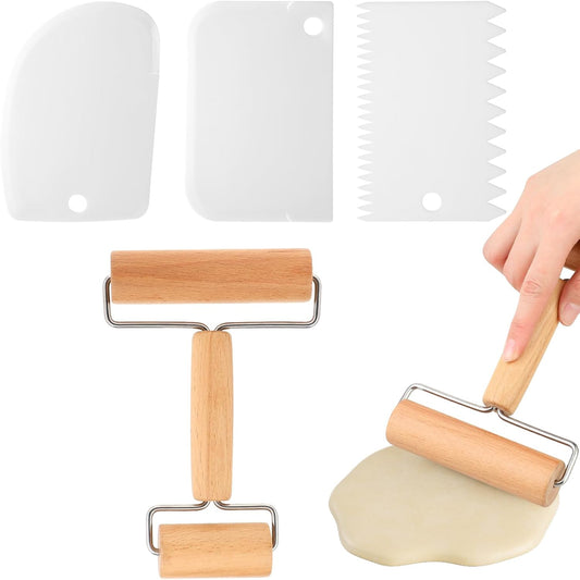 Small Rolling Pin, Mini Wooden Double Dough Roller with 3 Pcs Dough Scraper Mini Rolling Pin, Non-Stick Pizza Roller, Baker Rollers Set for Home Kitchen Baking Cooking
