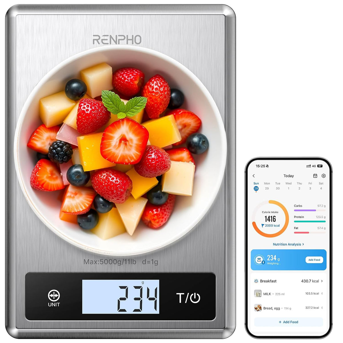 Smart Food Scale with app, Nutritional Calculator, Stainless Steel