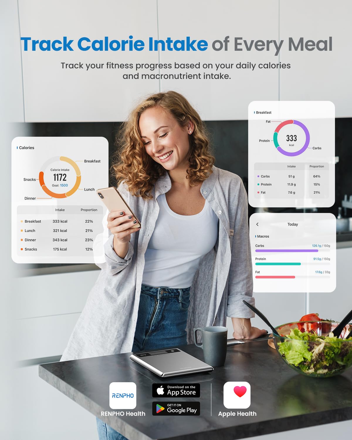 Smart Food Scale with app, Nutritional Calculator, Stainless Steel