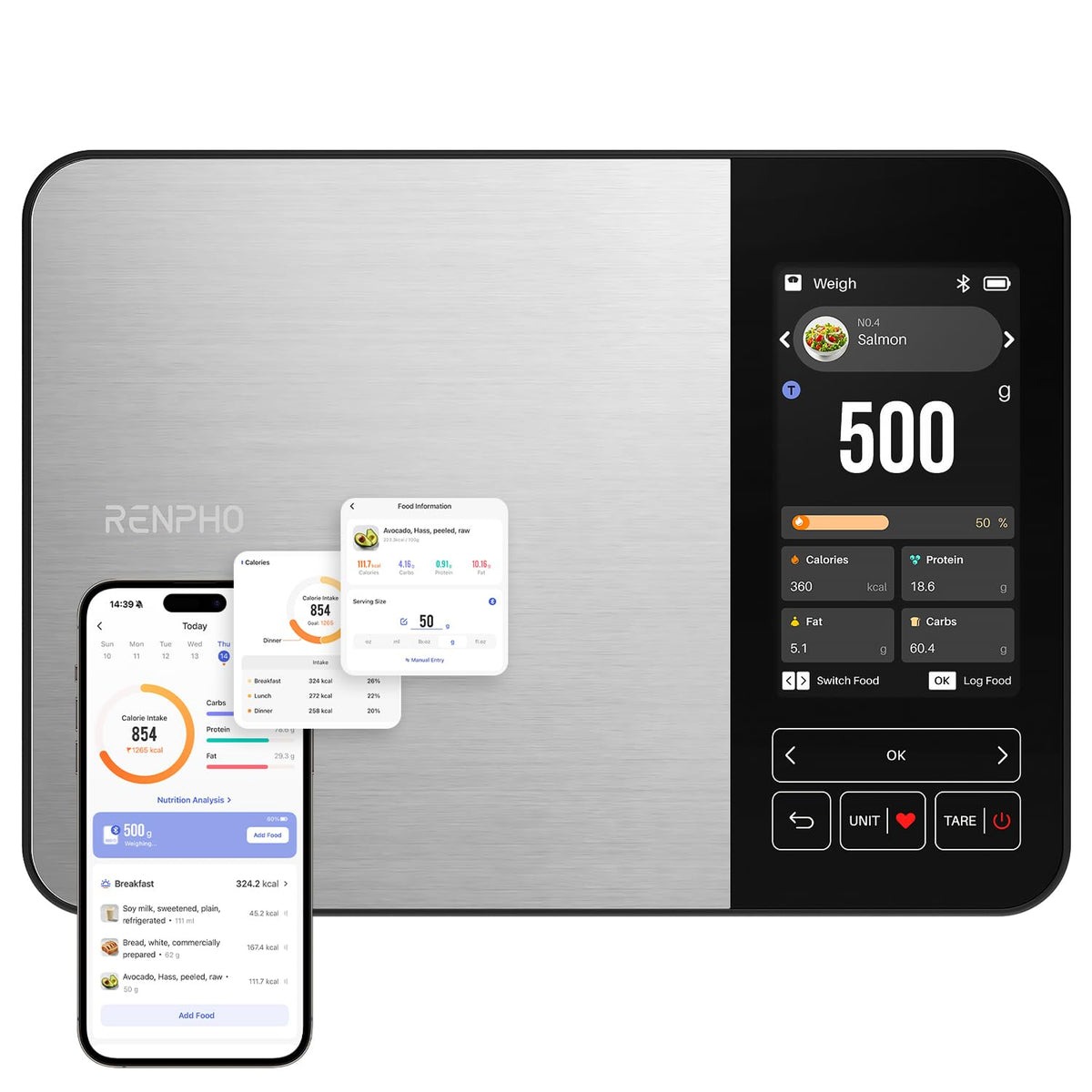 Smart Food Scale with app, Nutritional Calculator, Stainless Steel
