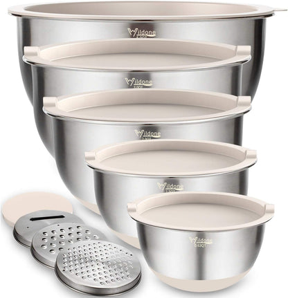 Mixing Bowls with Airtight Lids Set, 5PCS Stainless Steel Khaki Nesting Bowls for Kitchen, with Grater Attachments & Non-Slip Bottoms, Size 5, 3, 2, 1.5, 0.63 QT, Great for Mixing & Serving