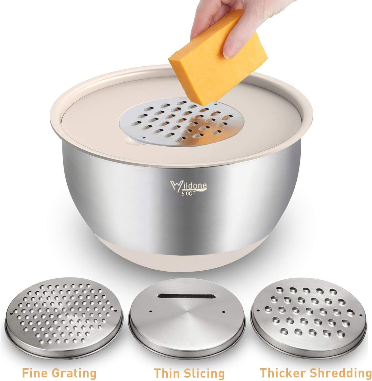 Mixing Bowls with Airtight Lids Set, 5PCS Stainless Steel Khaki Nesting Bowls for Kitchen, with Grater Attachments & Non-Slip Bottoms, Size 5, 3, 2, 1.5, 0.63 QT, Great for Mixing & Serving
