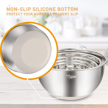 Mixing Bowls with Airtight Lids Set, 5PCS Stainless Steel Khaki Nesting Bowls for Kitchen, with Grater Attachments & Non-Slip Bottoms, Size 5, 3, 2, 1.5, 0.63 QT, Great for Mixing & Serving
