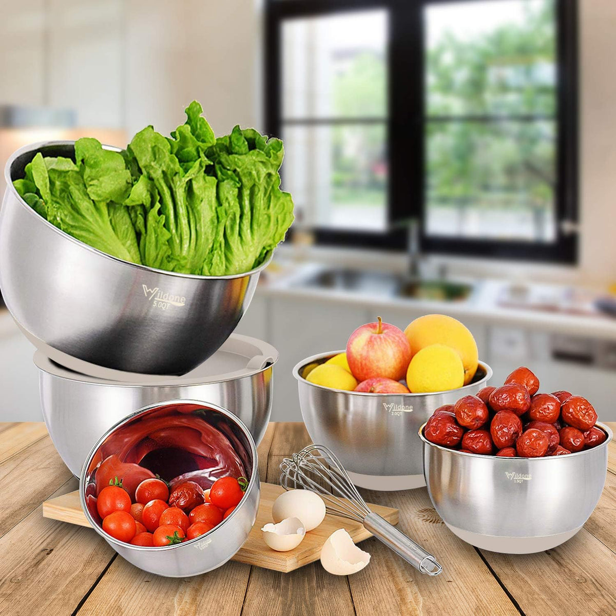 Mixing Bowls with Airtight Lids Set, 5PCS Stainless Steel Khaki Nesting Bowls for Kitchen, with Grater Attachments & Non-Slip Bottoms, Size 5, 3, 2, 1.5, 0.63 QT, Great for Mixing & Serving