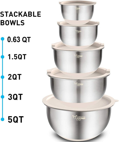 Mixing Bowls with Airtight Lids Set, 5PCS Stainless Steel Khaki Nesting Bowls for Kitchen, with Grater Attachments & Non-Slip Bottoms, Size 5, 3, 2, 1.5, 0.63 QT, Great for Mixing & Serving