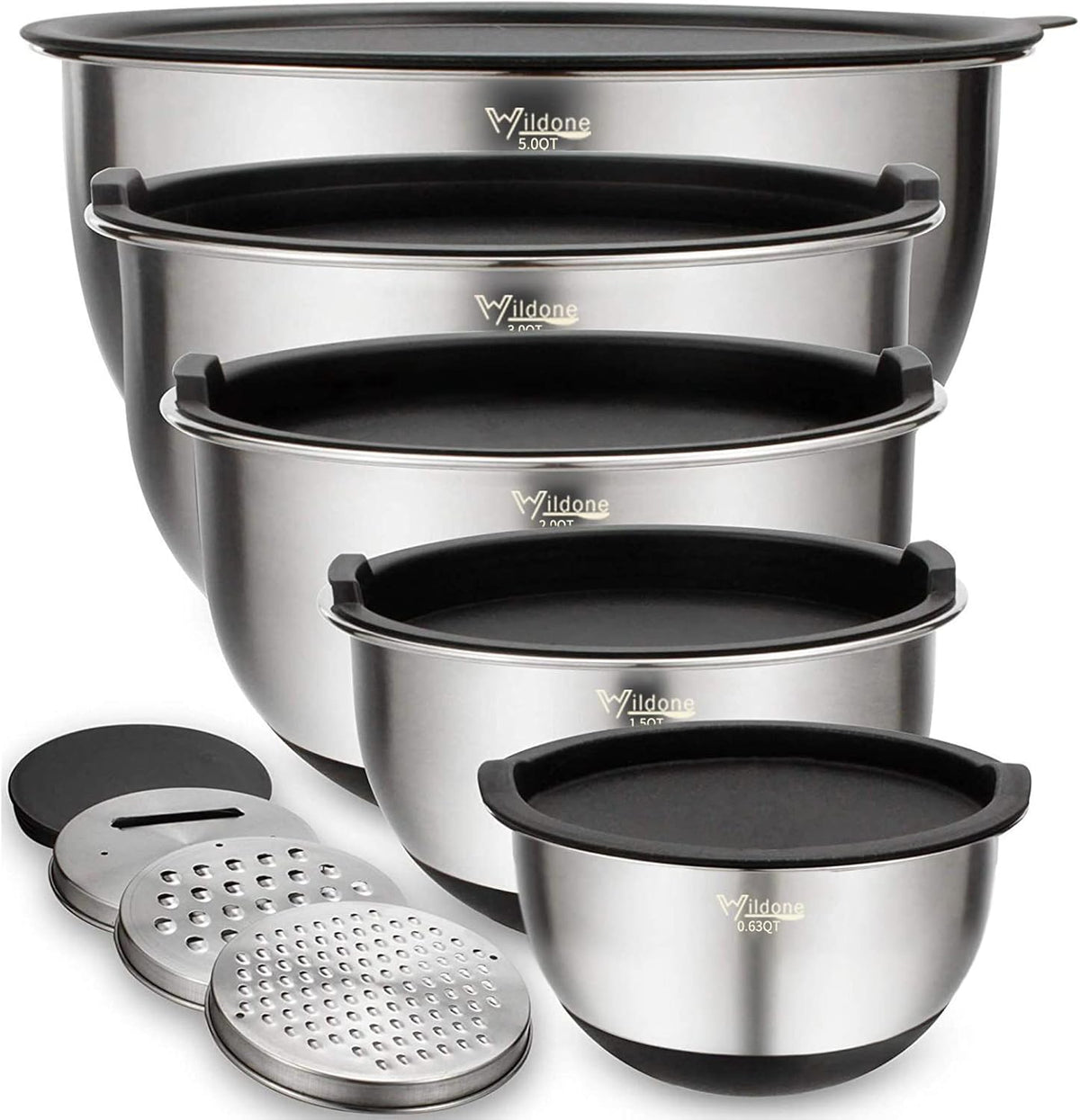 Mixing Bowls with Airtight Lids Set, 5PCS Stainless Steel Khaki Nesting Bowls for Kitchen, with Grater Attachments & Non-Slip Bottoms, Size 5, 3, 2, 1.5, 0.63 QT, Great for Mixing & Serving