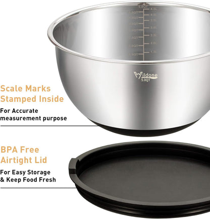 Mixing Bowls with Airtight Lids Set, 5PCS Stainless Steel Khaki Nesting Bowls for Kitchen, with Grater Attachments & Non-Slip Bottoms, Size 5, 3, 2, 1.5, 0.63 QT, Great for Mixing & Serving