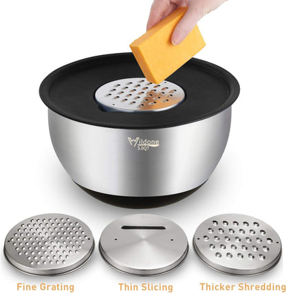 Mixing Bowls with Airtight Lids Set, 5PCS Stainless Steel Khaki Nesting Bowls for Kitchen, with Grater Attachments & Non-Slip Bottoms, Size 5, 3, 2, 1.5, 0.63 QT, Great for Mixing & Serving
