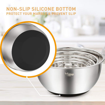 Mixing Bowls with Airtight Lids Set, 5PCS Stainless Steel Khaki Nesting Bowls for Kitchen, with Grater Attachments & Non-Slip Bottoms, Size 5, 3, 2, 1.5, 0.63 QT, Great for Mixing & Serving
